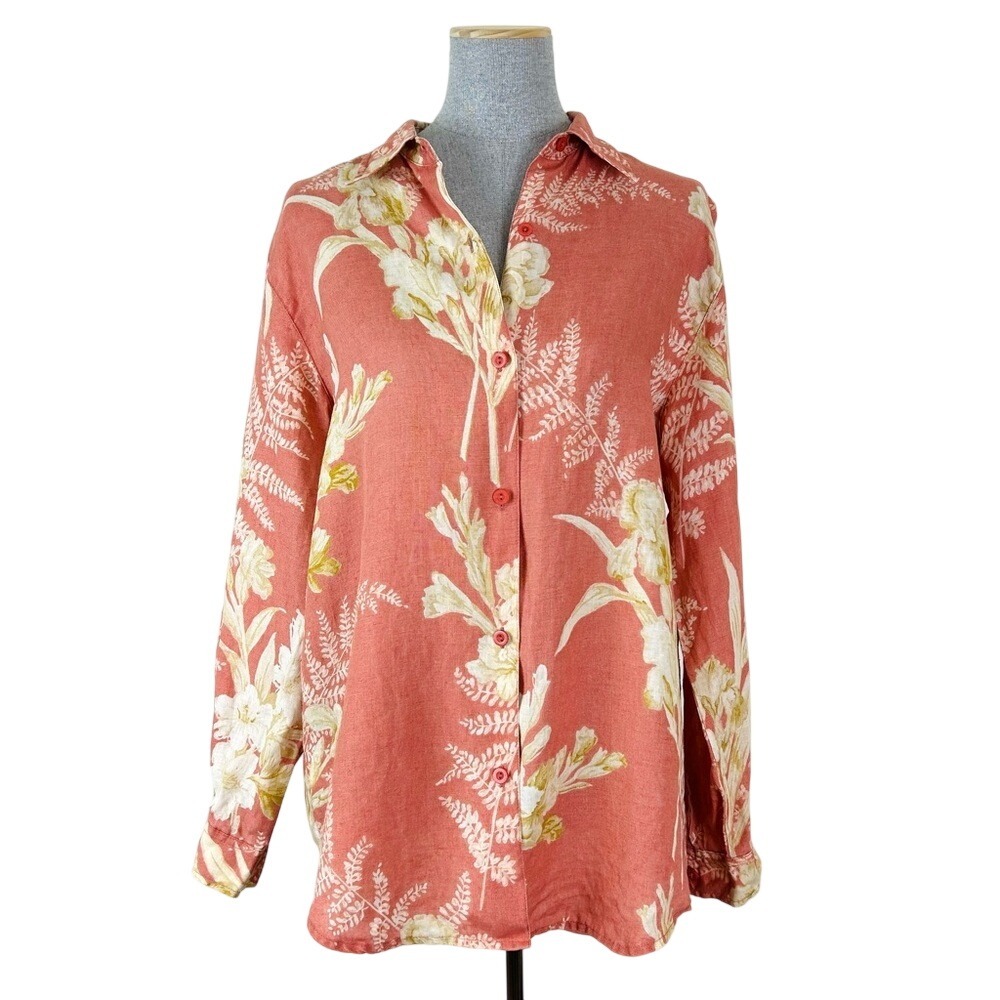 Vintage‎ Liz Claiborne Linen Button Down Shirt Granola Floral Relaxed Fit Size L